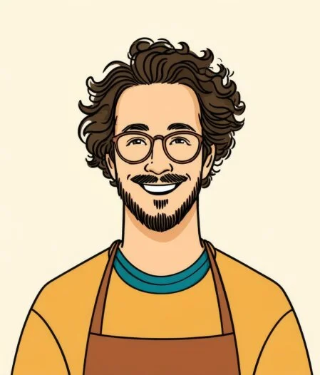grafisches Gesicht eines Manens mit Kinnbart und Brille